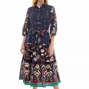 FIGUEROA & FLOWER Anthropologie Dress XL Floral Midi Bishop Sleeves Belted